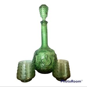 ZODIAC pattern Green Italian Empoli Glass Genie Bottle/Decanter + 2 glasses.